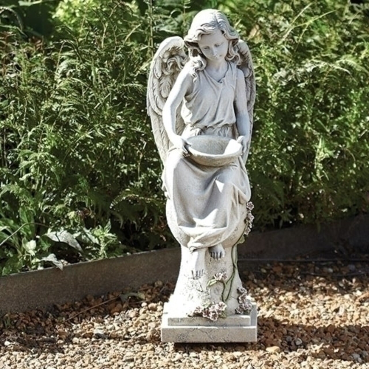 Roman 21" Solar Angel Seating on Pedestal Birdbath Outdoor Garden Statue